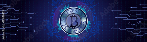 Silver Bitcoin concept on futuristic HUD background qith numbers and lines.