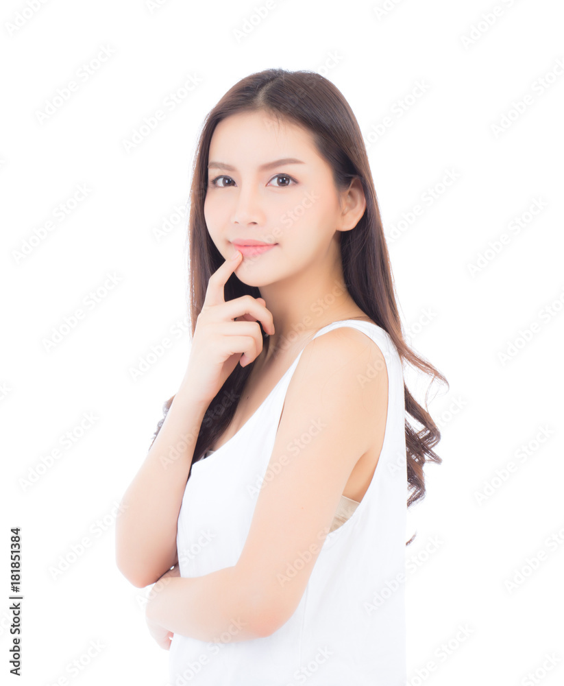 Portrait of beautiful asian woman makeup of cosmetic, girl hand touch mouth and smile attractive, lips beauty perfect with wellness isolated on white background with healthcare concept. Portrait of beautiful asian woman makeup of cosmetic, girl hand touch mouth and smile attractive, lips beauty perfect with wellness isolated on white background with healthcare concept.