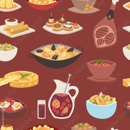 Spain cuisine vector food cookery traditional dish recipe spanish snack tapas crusty bread food gastronomy illustration seamless pattern background