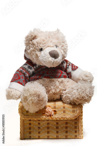 Photography Teddy bear sitting on box on white background isolated