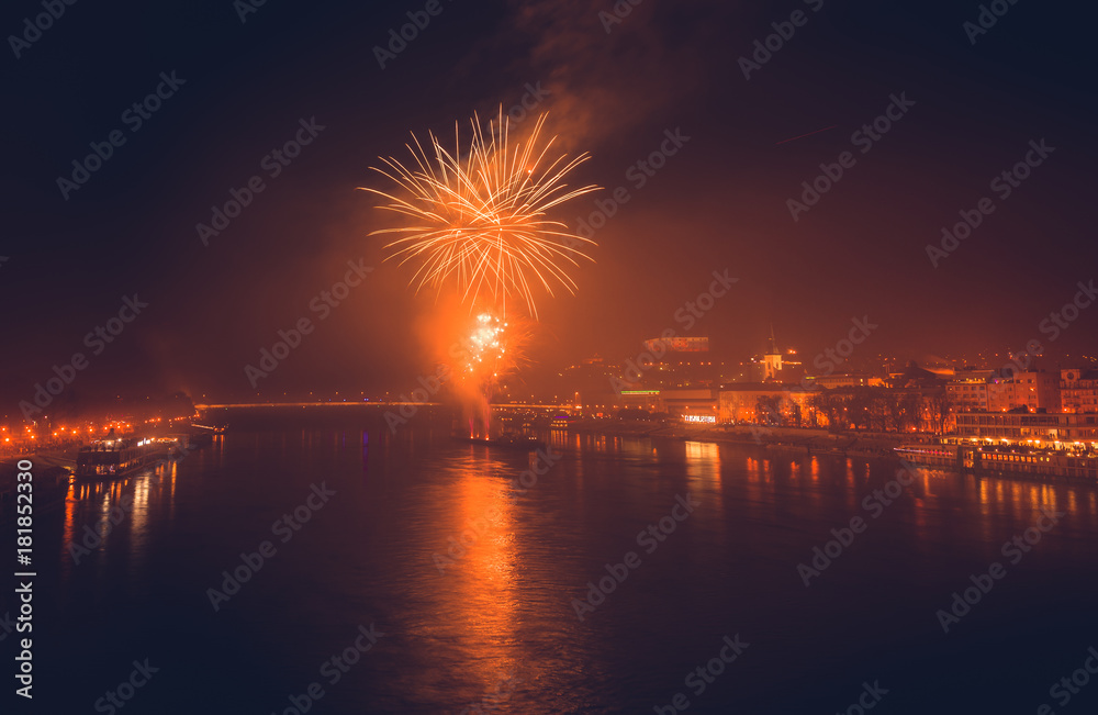 New Year Celebration. Fireworks on Danube River in Bratisalva, Slovakia