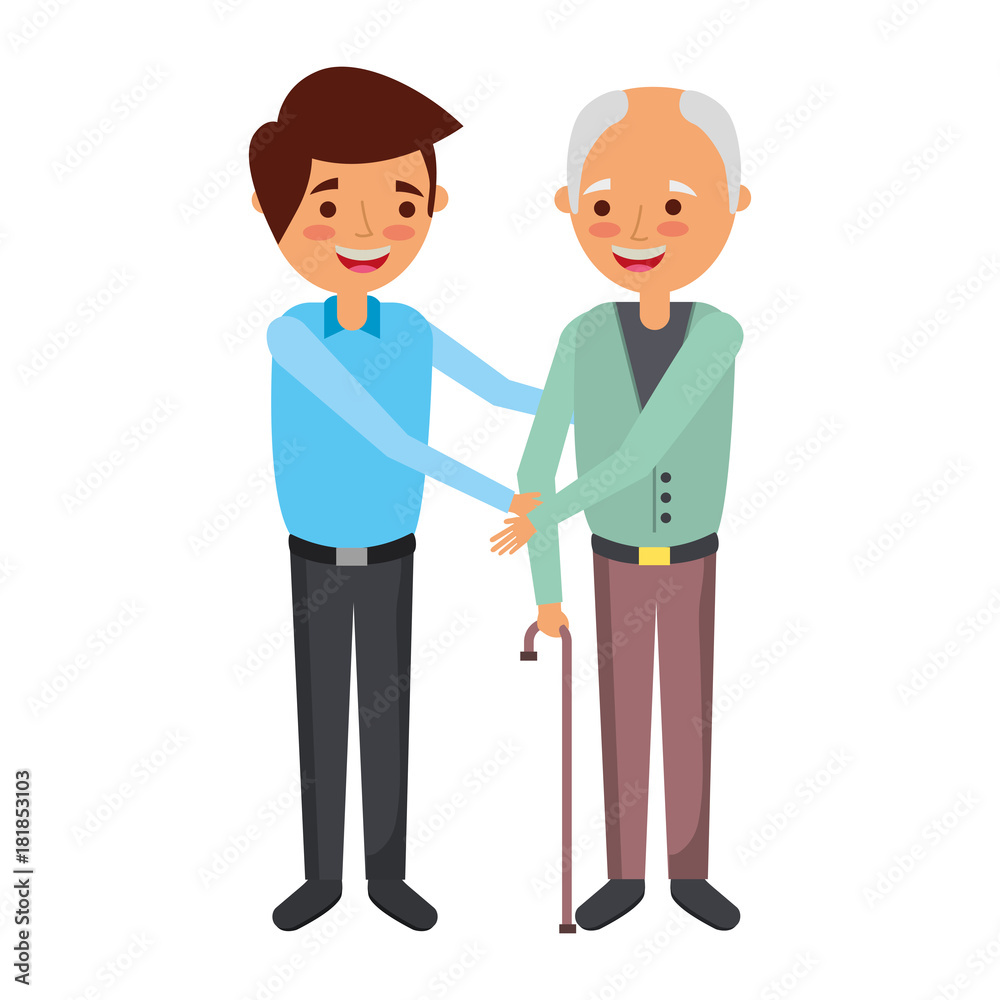 young man with old man holding hands standing vector illustration