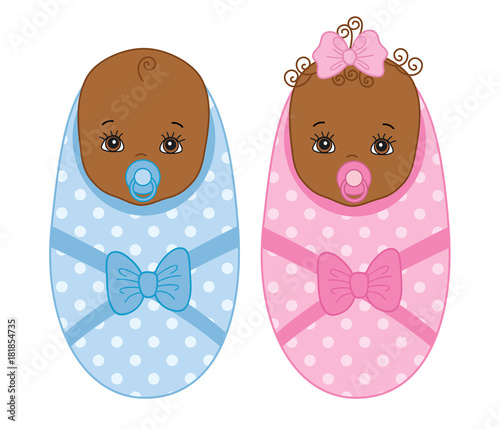 Vector Cute African American Newborn Twins. Vector Baby Boy. Vector Baby Girl