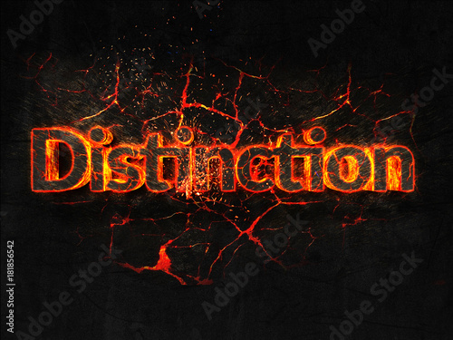Distinction Fire text flame burning hot lava explosion background.