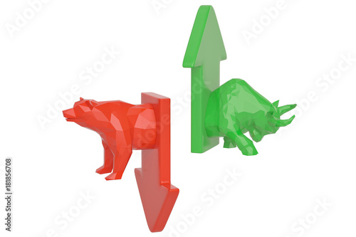 Stock trading corporate bear and bull with arrow. 3D illustration.