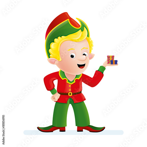 Christmas character. A elf with a gift. Assistant to Santa Claus. Vector.