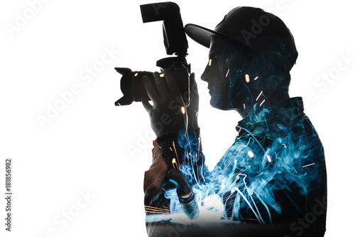 Portrait of handsome man with camera and sparks on background. Double exposure. Future concept © bodiaphoto