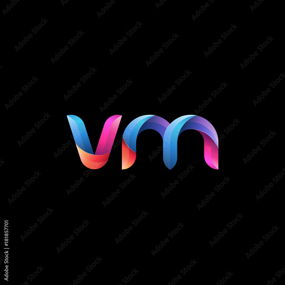 Fototapeta premium Initial lowercase letter vm, curve rounded logo, gradient vibrant colorful glossy colors on black background