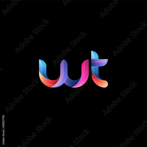 Initial lowercase letter wt, curve rounded logo, gradient vibrant colorful glossy colors on black background