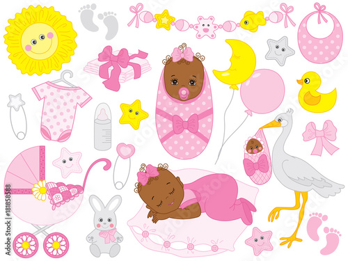 Vector Set with African American Baby Girl, Stork, Toys and Accessories