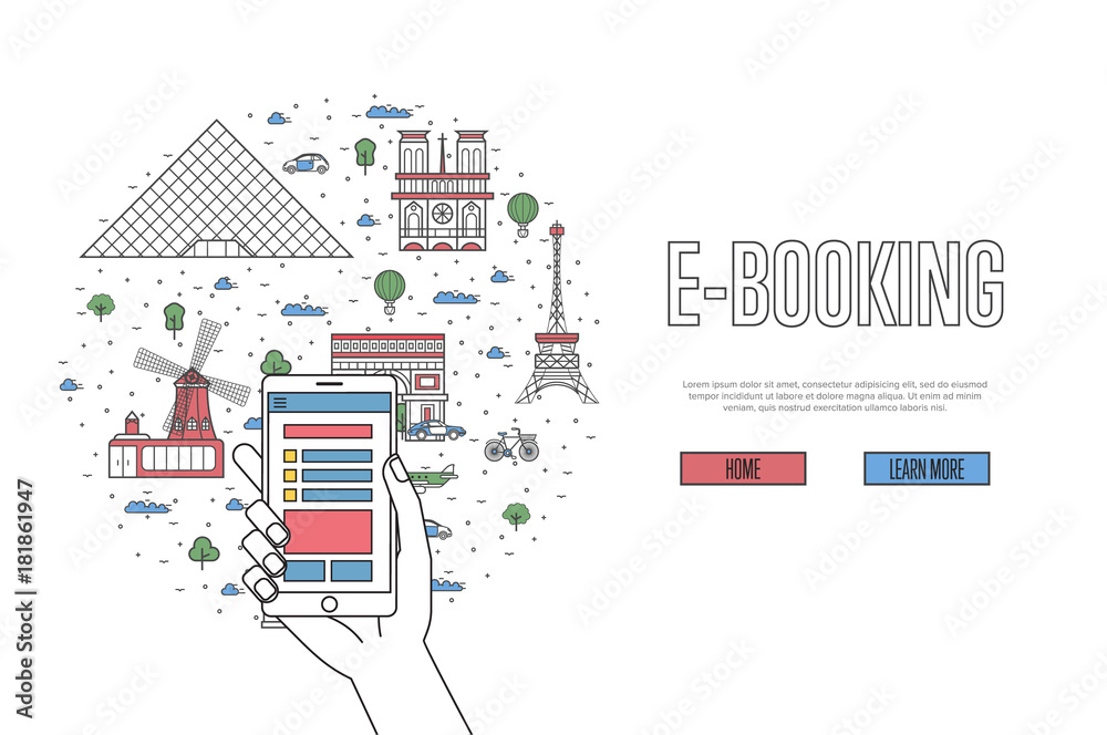 E-booking poster with parisian famous architectural landmarks in linear style. Online tickets ordering, mobile payment vector with smartphone in hand. Europe traveling, french historic attractions