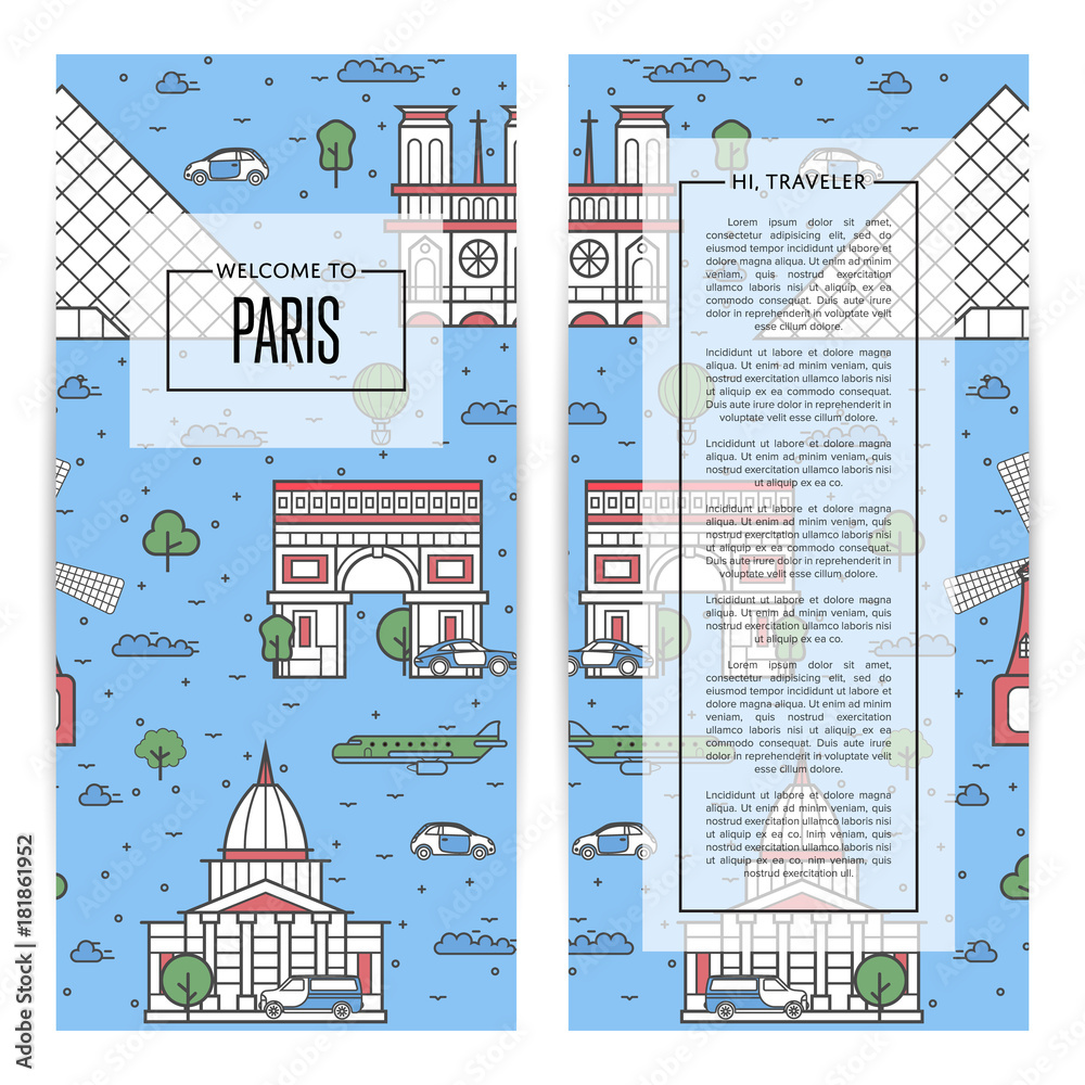 Paris traveling flyers set with famous monuments. Touristic tour advertising for travel agency, european voyage vector illustration. French traditional architectural landmarks in linear style.