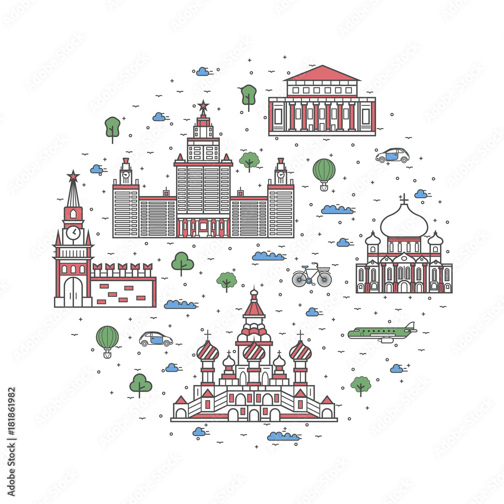 Moscow travel poster with national architectural attractions. Historic russian famous landmarks and traditional symbols on white background. Touristic advertising vector layout in trendy linear style.