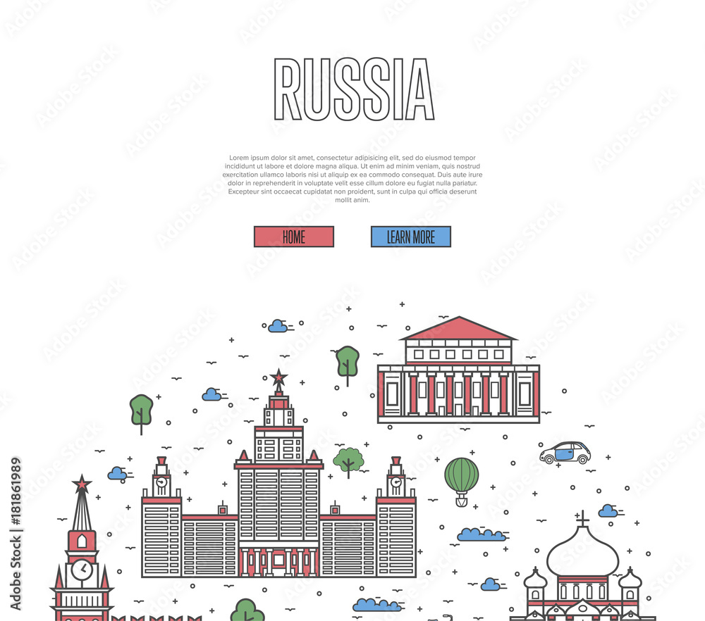 Moscow travel tour poster with national architectural attractions. Russian famous landmarks and traditional symbols on white background. Touristic advertising vector layout in trendy linear style.