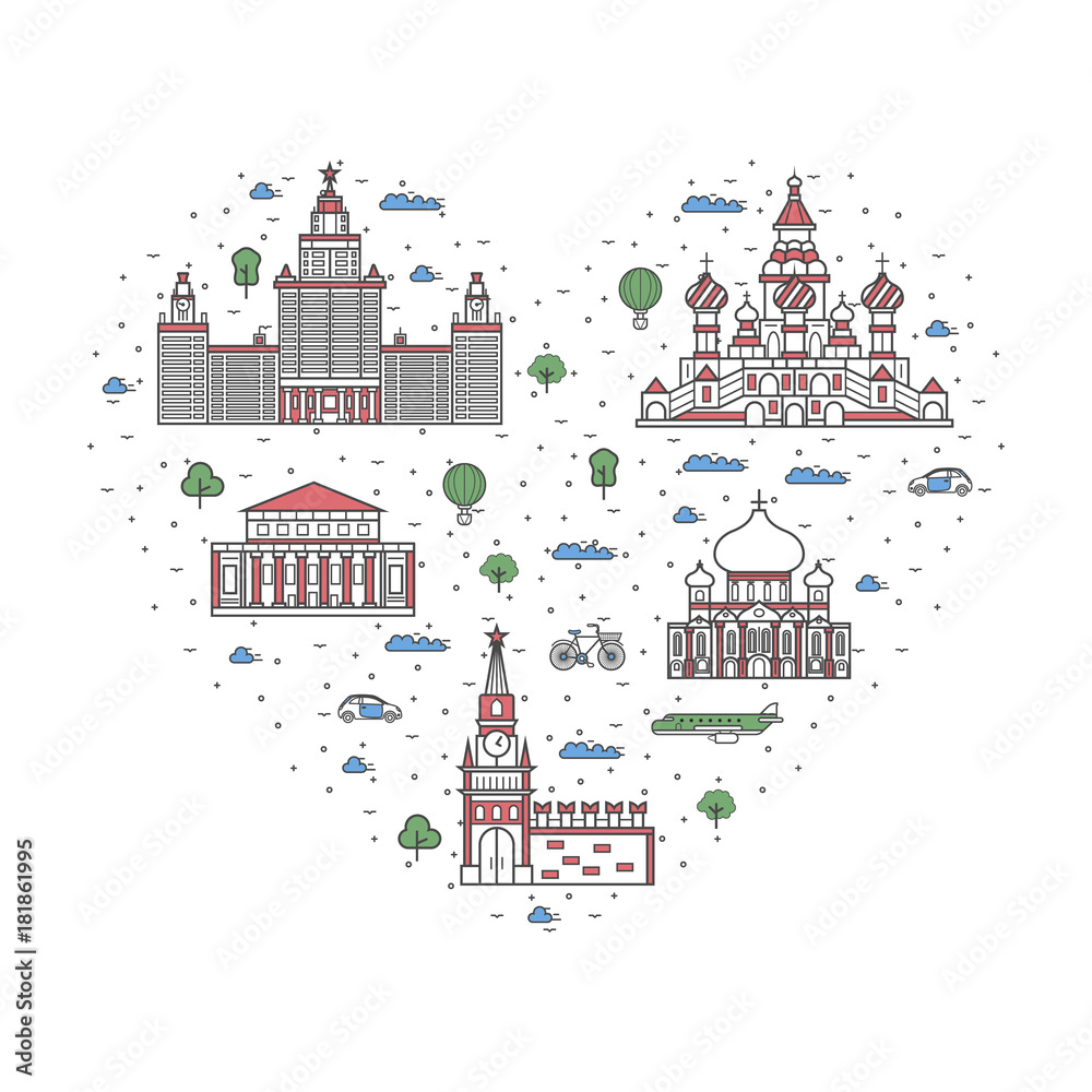I love Moscow poster with national architectural attractions in heart frame. Historic russian famous landmarks and traditional symbols. Touristic advertising vector layout in trendy linear style.
