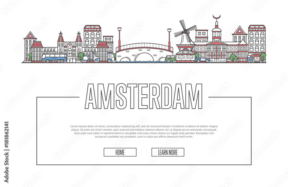 Travel Amsterdam vector composition with famous architectural landmarks in linear style. Holland traveling, time to travel concept. Amsterdam historic attractions on white background, european tourism