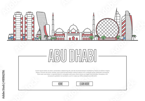 Travel Abu Dhabi vector composition with famous architectural landmarks in linear style. Arab Emirates traveling, time to travel concept. Abu Dhabi city historic attractions on white background.