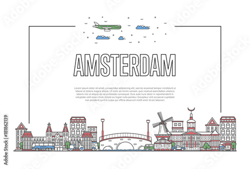 Travel Amsterdam poster with famous architectural attractions in linear style. Holland traveling and time to travel concept. Amsterdam landmarks, city skyline, european tourism vector background