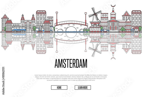 Travel Amsterdam poster with famous architectural attractions in linear style. Netherlands country traveling concept. Amsterdam historic landmarks, city skyline, european tourism vector background