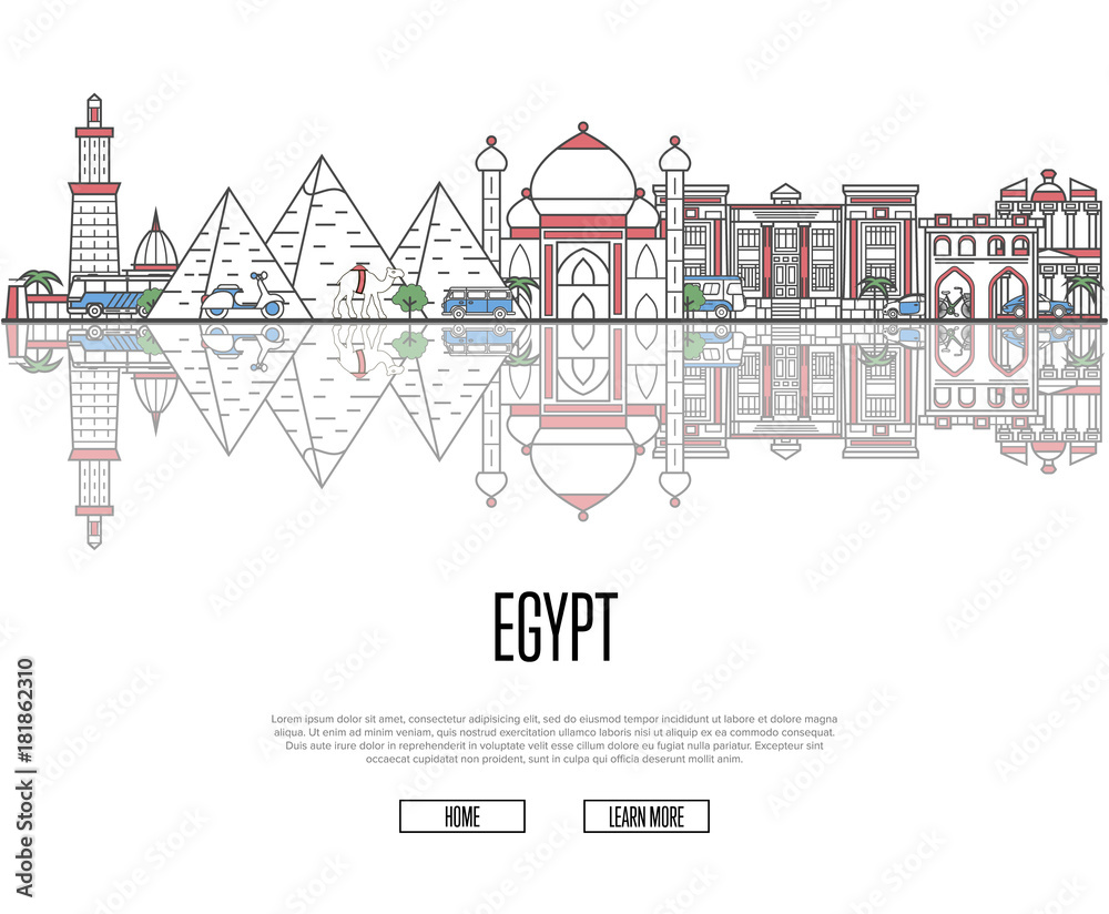 Travel tour to Egypt poster with famous architectural attractions in linear style. Worldwide traveling and time to travel concept. Egyptian panorama with landmarks, tourism and journey vector banner