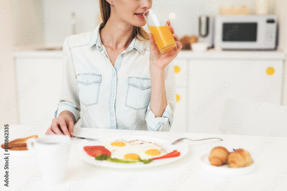 The girl is having breakfast in the kitchen. She's eating omelets and juice. The girl is in a bright room. The girl is having breakfast in the kitchen. She's eating omelets and juice. The girl is in a bright room.