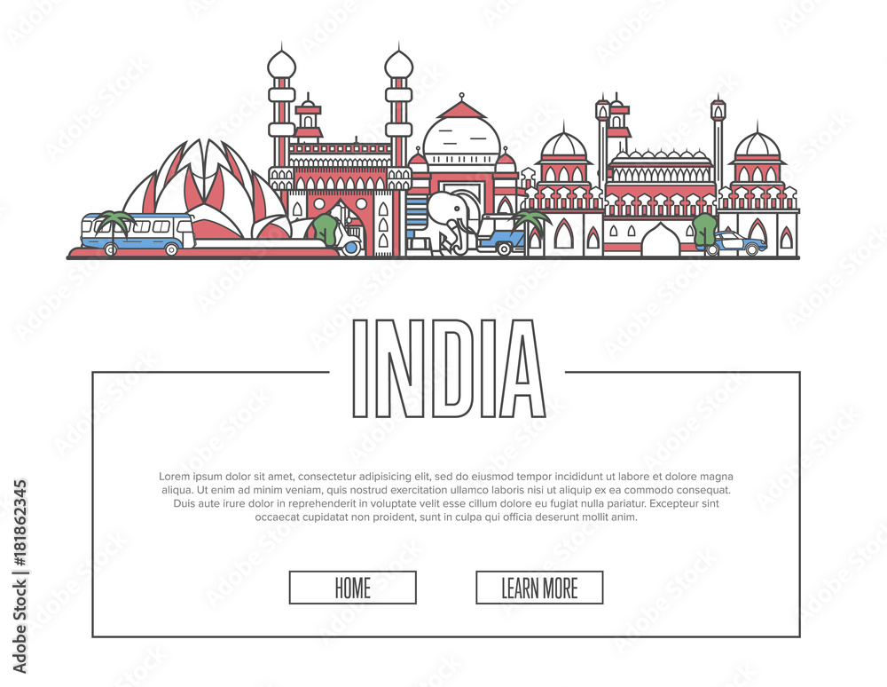 Naklejka premium Travel India vector composition with famous architectural landmarks in linear style. Worldwide traveling and time to travel concept. Indian national attractions on white background, global tourism.