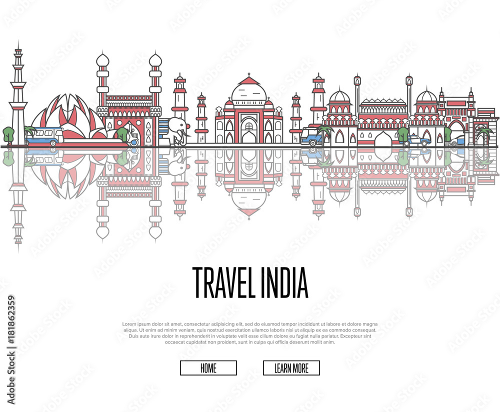 Travel tour to India poster with famous architectural attractions in linear style. Worldwide traveling and time to travel concept. Indian panorama with landmarks, tourism and journey vector banner