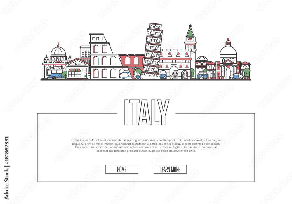 Travel Italy vector composition with famous architectural landmarks in linear style. Worldwide traveling and time to travel concept. Italian national attractions on white background, global tourism.