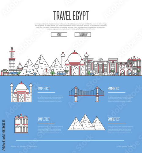 Country Egypt travel vacation guide with most important architectural attractions in trendy linear style. Egyptian skyline with national famous landmarks. Worldwide touristic tour advertising.