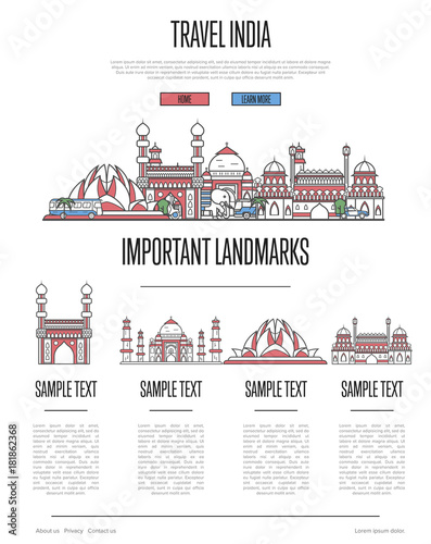 India travel infographics with most important architectural attractions in trendy linear style. Indian national landmarks on white background. Worldwide traveling and journey vector concept.