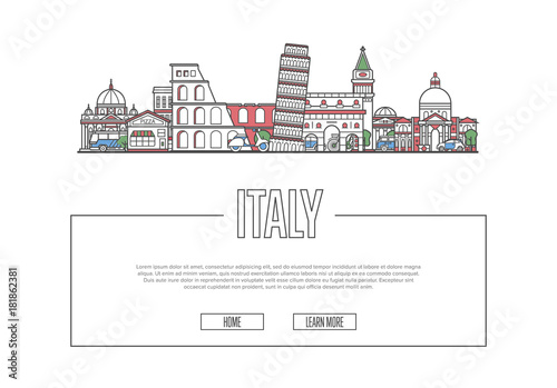 Travel Italy vector composition with famous architectural landmarks in linear style. Worldwide traveling and time to travel concept. Italian national attractions on white background, global tourism.