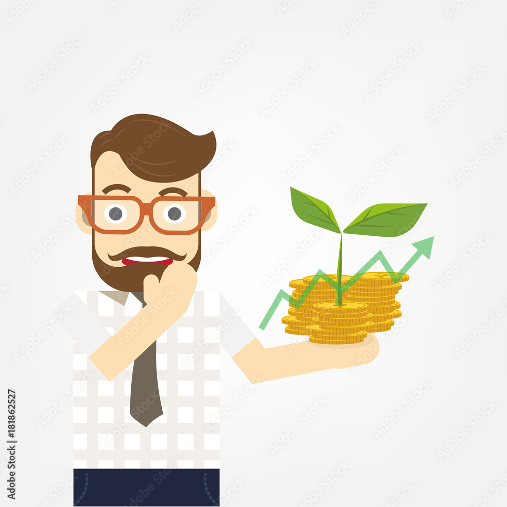 Vector growth concept in flat style happy business man and stack of golden coins and graph, Investment Success concept Vector growth concept in flat style happy business man and stack of golden coins and graph, Investment Success concept