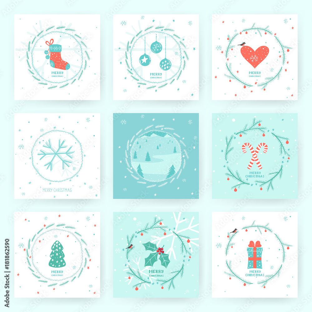 Set of 9 Christmas greeting cards with winter landscape, Christmas tree, sock, heart, candies, christamas decorations and other hand drawn elements Set of 9 Christmas greeting cards with winter landscape, Christmas tree, sock, heart, candies, christamas decorations and other hand drawn elements