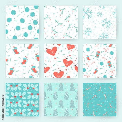 Set of 9 Christmas seamless patterns with christmas decorations, conifer branches, gifts, socks, candies and Christmas trees