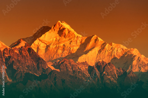 First light on Mount Kanchenjugha  Himalayan mountain range