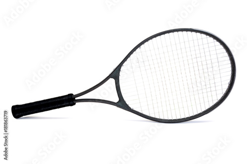 Used Black Graphite Tennis Racket Isolated on White Background © ronniechua