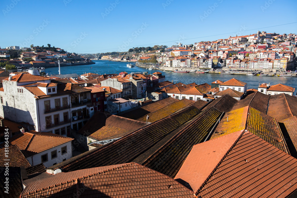 Douro river and Ribeira from roofs at Vila Nova de Gaia, Porto, Portugal.