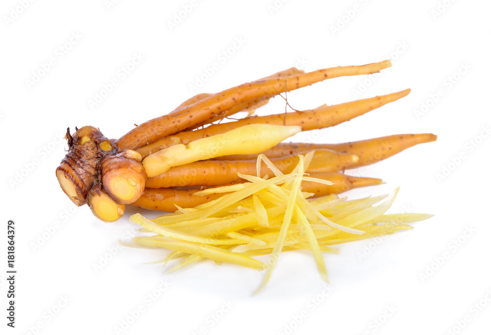 whole and striped fresh Rhizome or finger root on white background whole and striped fresh Rhizome or finger root on white background