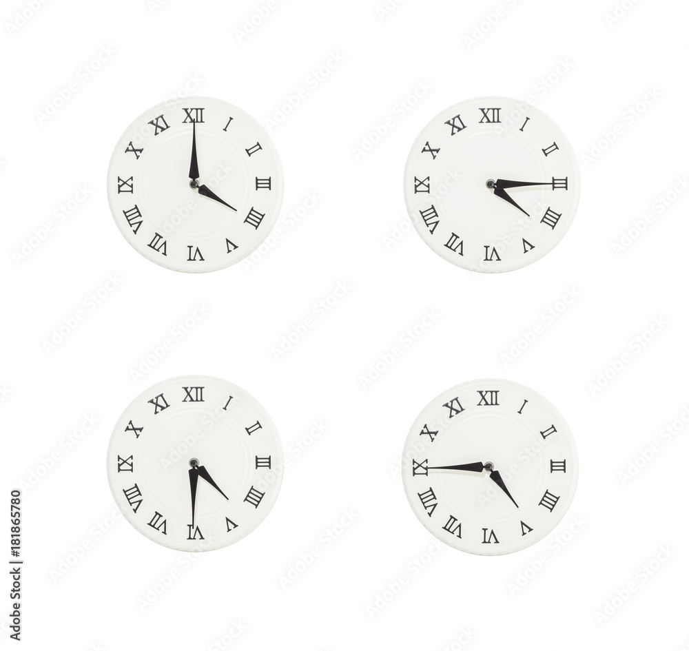 Closeup group of white clock with shadow for decorate show the time in 4 , 4:15 , 4:30 , 4:45 p.m. isolated on white background , beautiful 4 wall clock picture in different time Closeup group of white clock with shadow for decorate show the time in 4 , 4:15 , 4:30 , 4:45 p.m. isolated on white background , beautiful 4 wall clock picture in different time