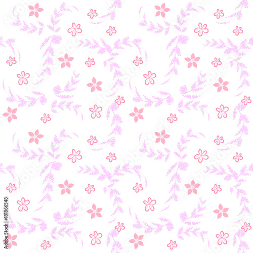 Raster seamless floral pattern with imitation pastel techniques, small pink flowers on a white background