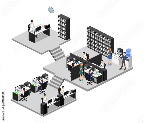 Isometric 3D illustration set Interior of department office with workplaces