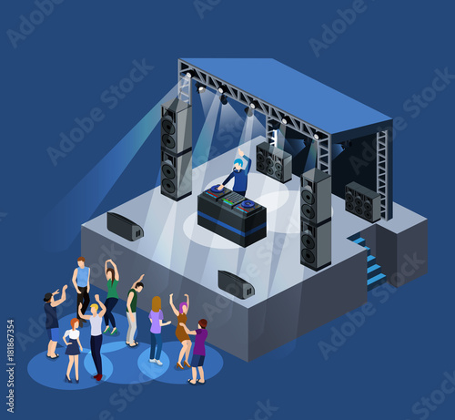 Isometric 3D vector DJ party on stage behind the remote control