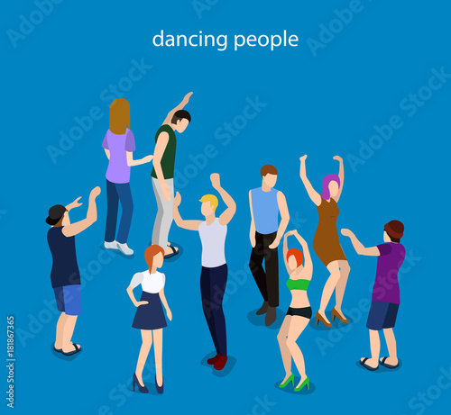 Isometric 3D vector illustration dancing people at a party