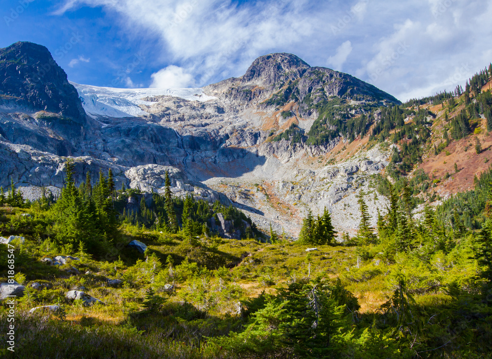 Obraz premium Hiking to the highest peak surrounded by meadows and lakes in the high alpine mountains of British Columbia