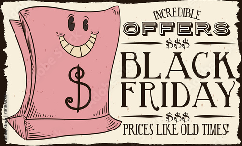 Retro Cartoon Shopping Bag for Black Friday Sales, Vector Illustration