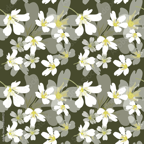 Seamless pattern with flowers in pastel tans on a  green background