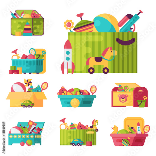 Full kid toys in boxes for kids play childhood babyroom container vector illustration