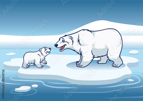 Polar bear and her cub standing in the top of the ice
