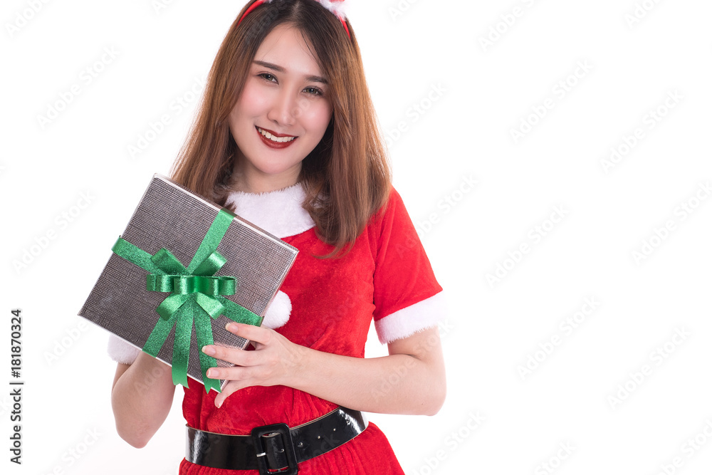 happy woman wearing santa claus dress on white background happy woman wearing santa claus dress on white background
