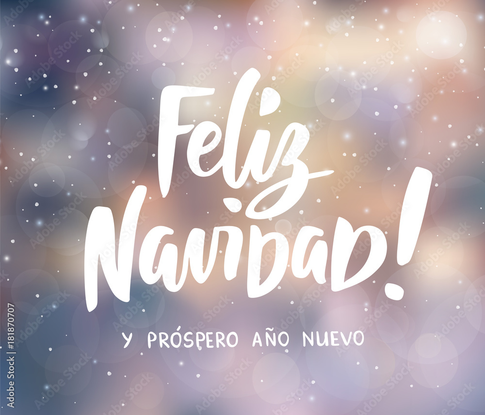 Feliz Navidad y Prospero Ano Nuevo - spanish Merry Christmas and Happy New Year text. Holiday greetings quote. Blurred winter background with falling snow effect